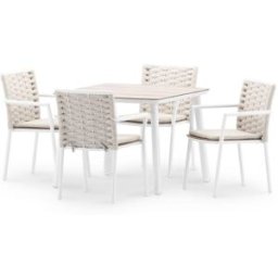 Defora Home Conjunto comedor jardín blanco e imitación madera 4 plazas