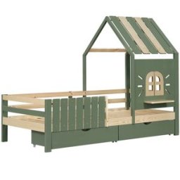 MODFU Cama infantil de madera verde 90x200 cm con 2 cajones