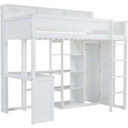 ComfortXL Cama alta infantil 90 x 200 cm con escritorio armario blanca