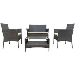 Mobili Rebecca Conjunto de jardín 4 plazas de polirratán gris con cojines beige