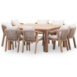 Defora Home Set de mesa 150x150 y 8 sillas de madera y cuerda