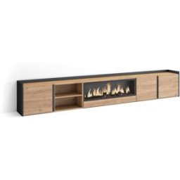 Skraut home Mueble tv efecto madera roble negro 315x35x50cm chimenea efecto fuego