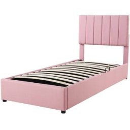 OKWISH Cama infantil rosa de lino con almacenaje hidráulico 90x200 cm