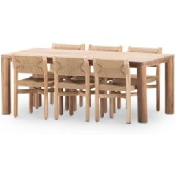Defora Home Set de mesa 200x100cm y 6 sillas de madera y ratán beige