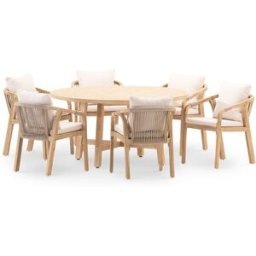 Defora Home Conjunto mesa redonda jardín 150 cm y 6 sillas de madera y cuerda
