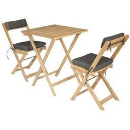 Happy Garden Conjunto de mesa y sillas para 2 plazas en acacia y cojines grises