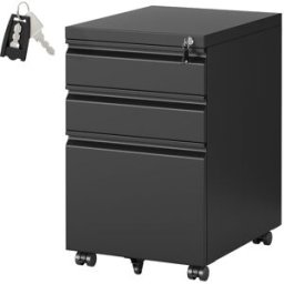 SONGMICS Archivador móvil con 3 cajones y ruedas de color negro mate