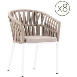 Kerama Pack de 8 sillas de jardin de aluminio blanco y cuerda beige con cojín