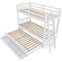 MODFU Litera infantil de madera blanca de 90 x 200 cm con cama nido