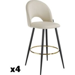 Tectake 4 taburetes altos con terciopelo, respaldo y reposapiés, crema/negro