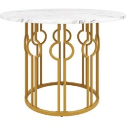 MODFU Mesa redonda 100x100x76 cm, patas metal, dorado/blanco