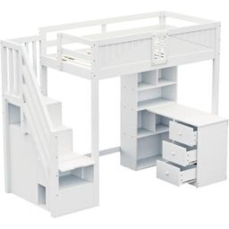ComfortXL Cama alta infantil 90x200 cm con escritorio armario y escalera