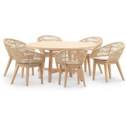 Defora Home Conjunto de jardín mesa redonda 150 y 6 sillas cuerda beige