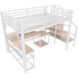 ComfortXL Cama alta 140x200 con escritorio, USB y LED en acero blanco