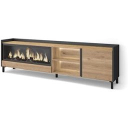 Skraut home Mueble tv efecto madera roble negro 212x35x61cm chimenea efecto fuego