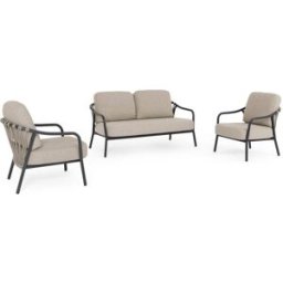 Konte.Design Conjunto de salón de jardín con cojines beige y respaldos de cuerda