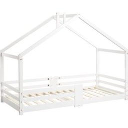 MODFU Cama casa infantil 90x200 cm con barrera, pino, blanco