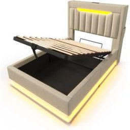 MODFU Cama infantil de lino beige de 90x200 cm con espacio de almacenaje