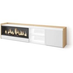 Skraut home Mueble tv efecto madera blanco roble 212x35x50cm chimenea efecto fuego