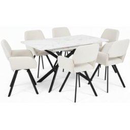 Urban Meuble Mesa de comedor efecto mármol blanco con 6 sillas de tela beige