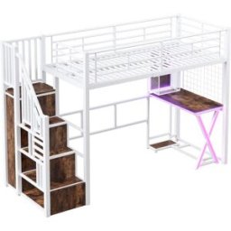 ComfortXL Cama alta infantil 90x200 cm con escritorio armario LED blanca