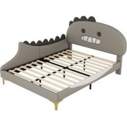 MODFU Cama infantil polipiel gris 140x200 cm forma dinosaurio