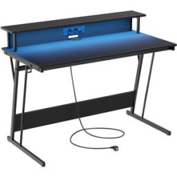 VASAGLE Escritorio para juegos con luces led de color negro carbón