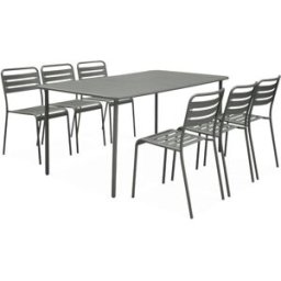 sweeek Set mesa de jardín bistró de acero con 6 sillas, 160cm, verde kaki