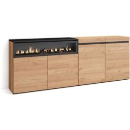 Skraut home Aparador efecto madera roble y negro 200x35x75cm chimenea efecto fuego