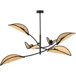Wonderlamp Lámpara de araña negro y ratán 6 luces con pantallas en forma de hoja