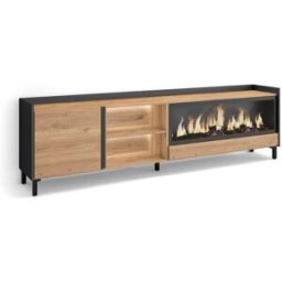 Skraut home Mueble tv efecto madera roble negro 212x35x61cm chimenea efecto fuego