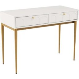 Urban Meuble Mesa de centro blanca con patas y cajones dorados.