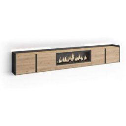 Skraut home Mueble tv efecto madera roble negro 315x35x50cm chimenea efecto fuego