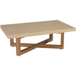 MACABANE Mesa baja rectangular de hormigón con patas cruzadas de teca