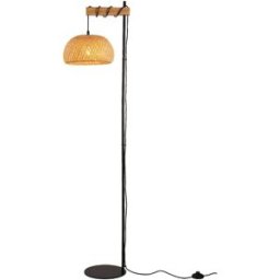 Alpinaluz Lámpara de pie metal con madera y pantalla redonda de mimbre alt. 153