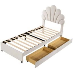 MODFU Cama infantil terciopelo beige 90x200 cm con 2 cajones