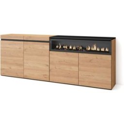 Skraut home Aparador efecto madera roble y negro 200x35x75cm chimenea efecto fuego