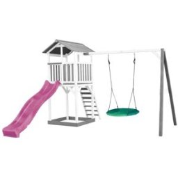 Axi Parque infantil con tobogán lila, columpio nido, madera, blanco/gris