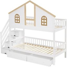 MODFU Cama alta de madera natural y blanca de 90 x 200 cm con 2 cajones
