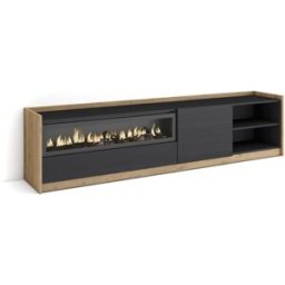Skraut home Mueble tv efecto madera negro roble 208x37x50cm chimenea efecto fuego