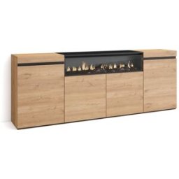 Skraut home Aparador efecto madera roble y negro 200x35x75cm chimenea efecto fuego