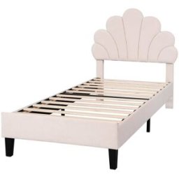MODFU Cama infantil terciopelo beige 90x200 cm con cabecero en forma de flor