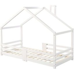 OKWISH Cama infantil blanca de pino con forma de casa y barandillas 90x200 cm