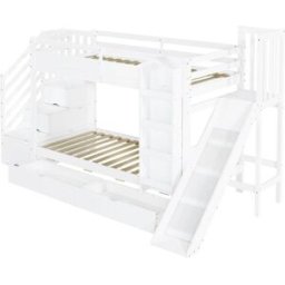 OKWISH Litera blanca de madera con tobogán y almacenaje 90x200 cm