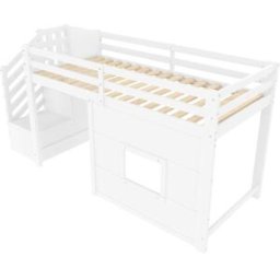 ComfortXL Cama alta infantil 90x200 cm con escalera y LED blanca