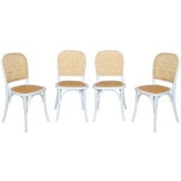 sweeek Sillas de madera y ratán vintage, set de 4, blanco