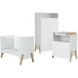 AT4 Set cama bebé, cambiador y armario en madera blanco y haya
