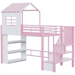 ComfortXL Cama alta casa escalera almacenaje rosa 90x200 cm
