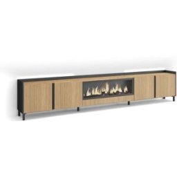 Skraut home Mueble tv efecto madera roble y negro 315x35x61 chimenea efecto fuego