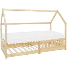 ML-Design Cama infantil tipi 90x200cm color natural con colchón y tejado de casa